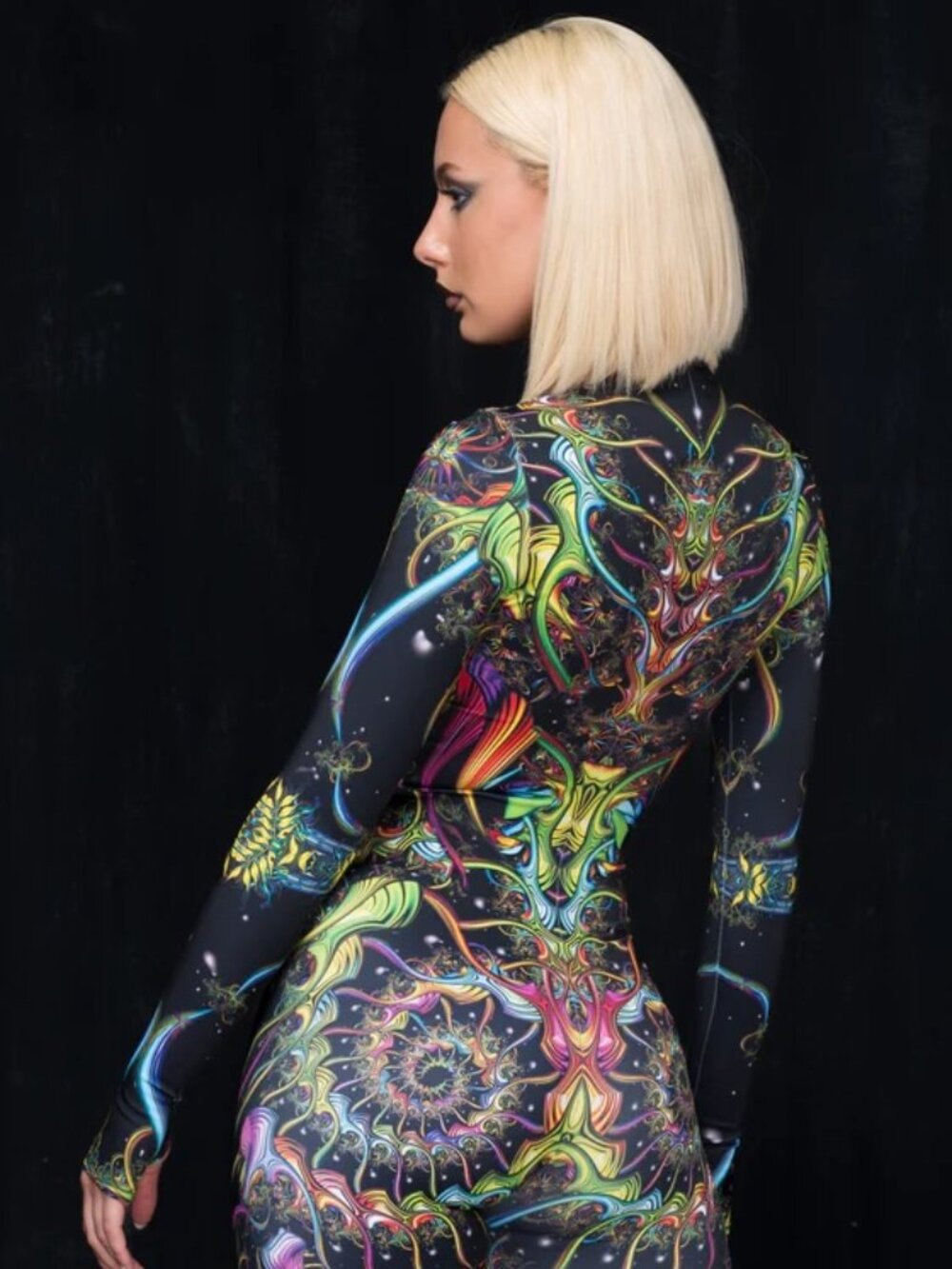 Psychedelic Print Long Sleeve Jumpsuit - Black Multicolor